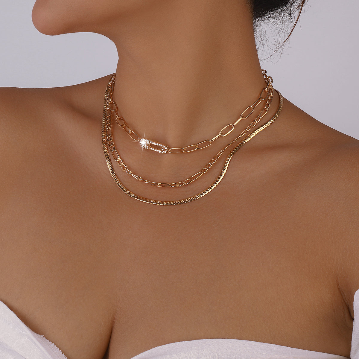 Layered Rhinestone Safety Pin Chain Necklaces medyjewelry