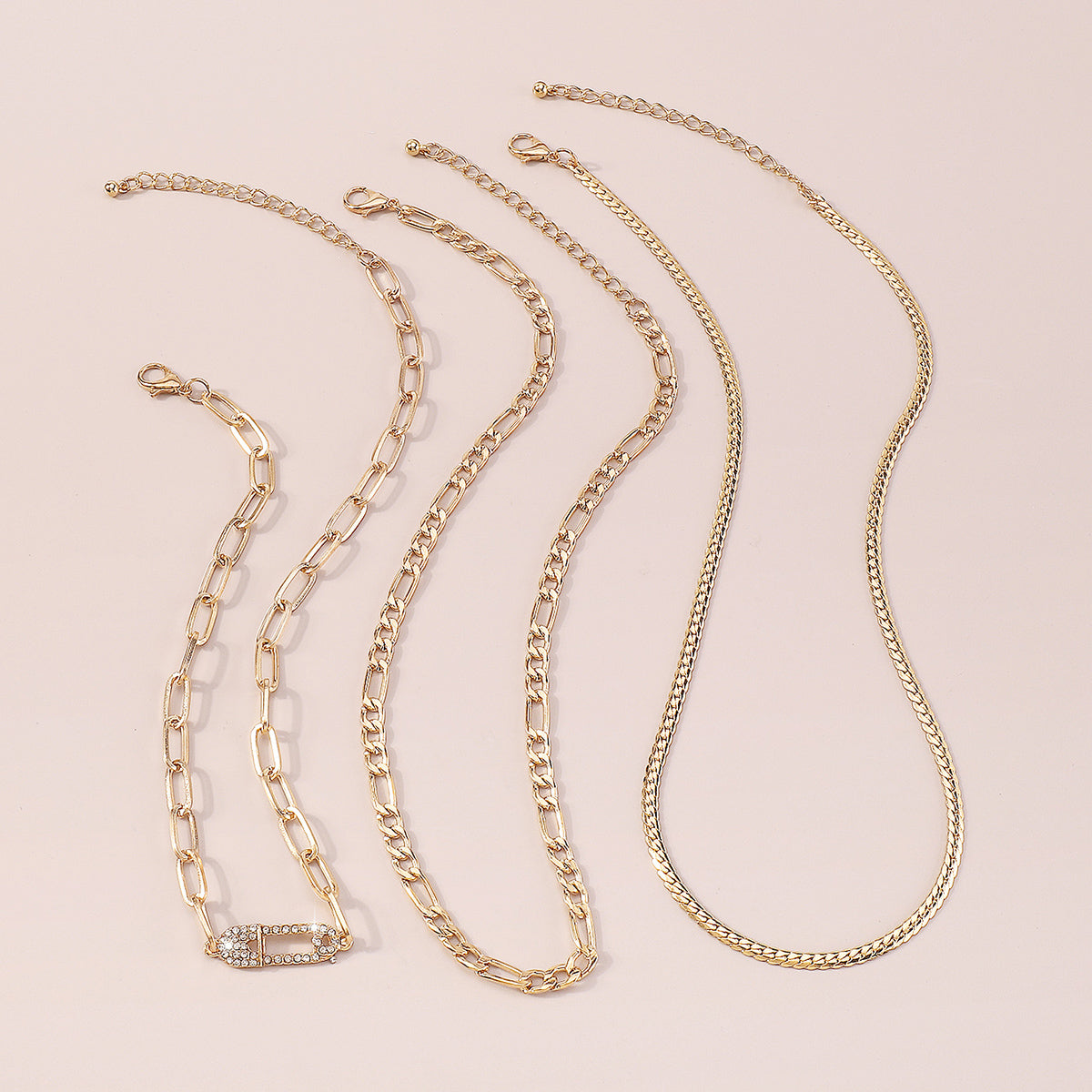 Layered Rhinestone Safety Pin Chain Necklaces medyjewelry