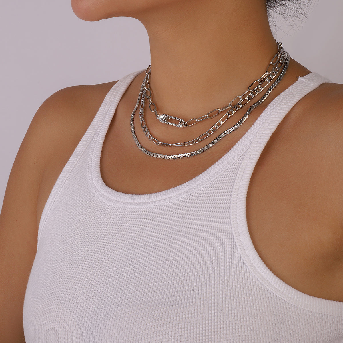 Layered Rhinestone Safety Pin Chain Necklaces medyjewelry