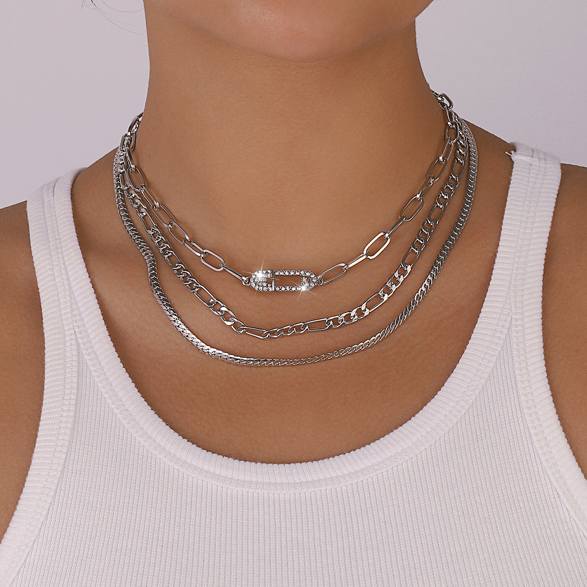 Layered Rhinestone Safety Pin Chain Necklaces medyjewelry