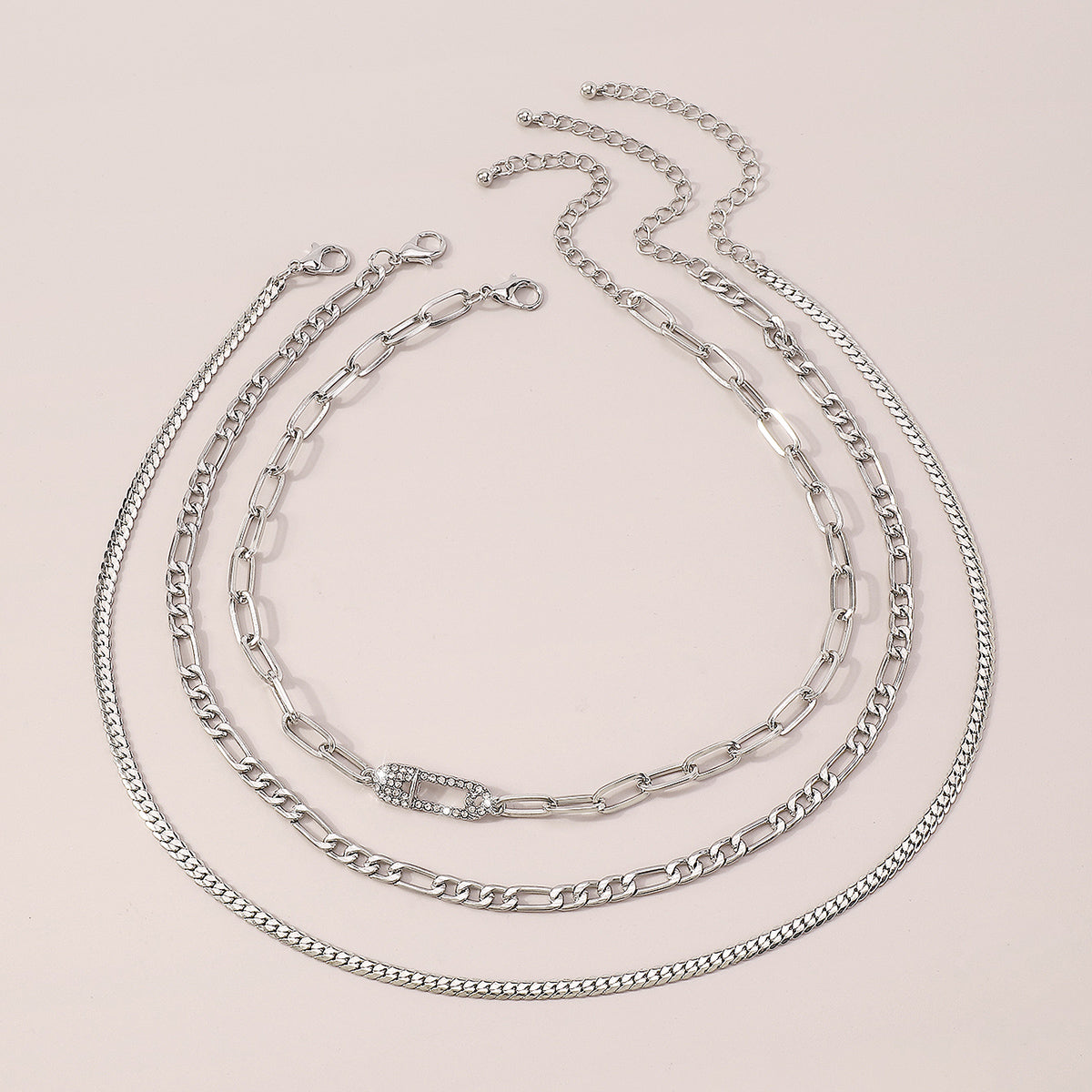 Layered Rhinestone Safety Pin Chain Necklaces medyjewelry