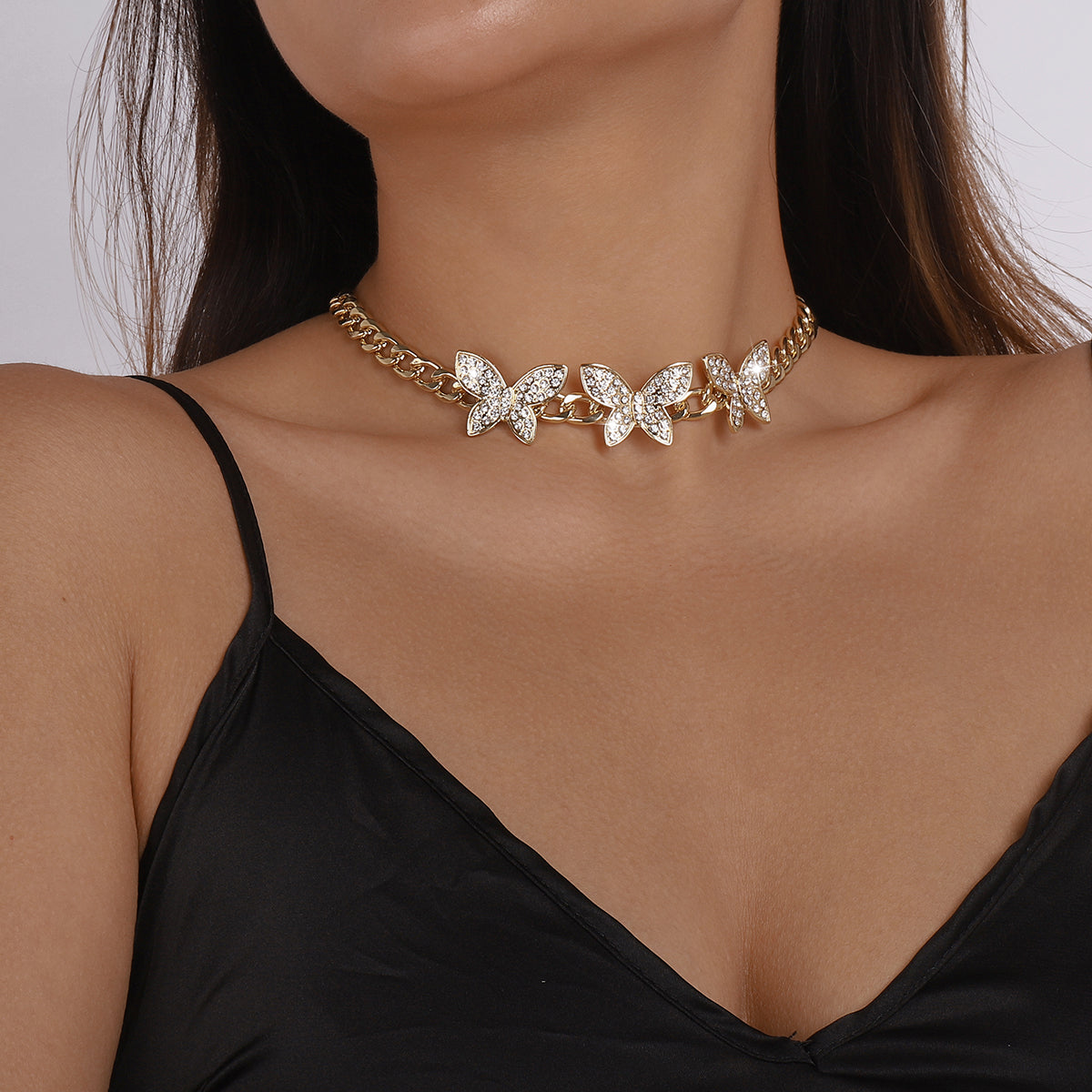 Cuban Link Chain Rhinestone Butterfly Necklace medyjewelry