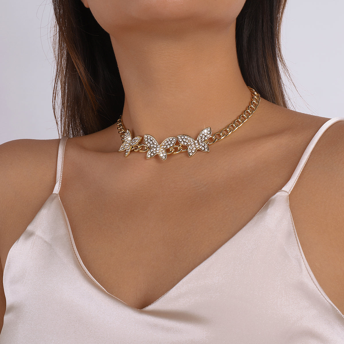 Cuban Link Chain Rhinestone Butterfly Necklace medyjewelry