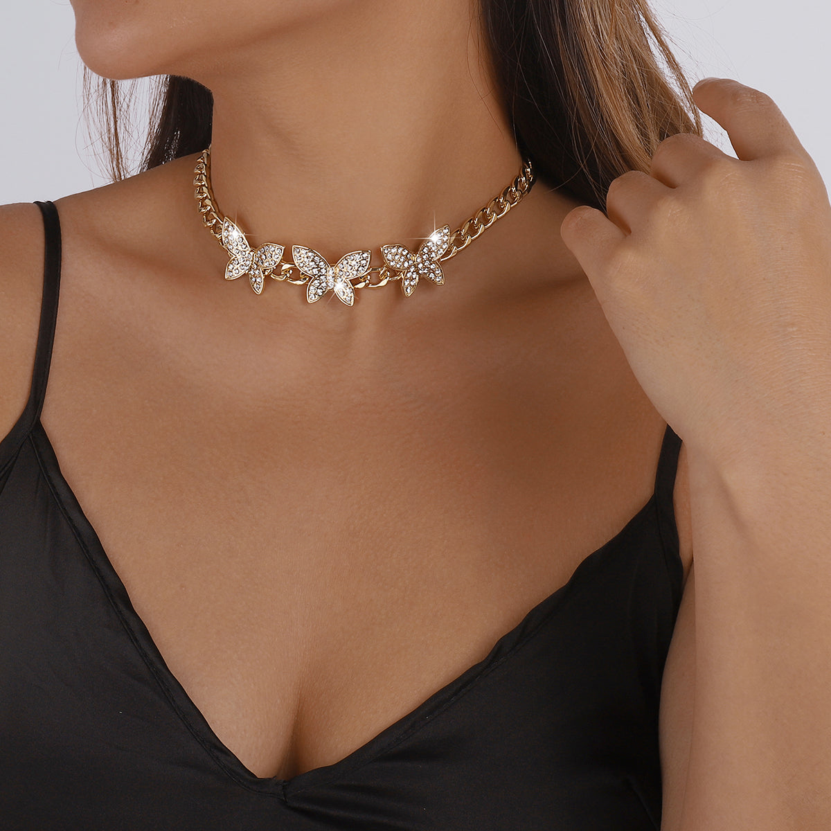 Cuban Link Chain Rhinestone Butterfly Necklace medyjewelry