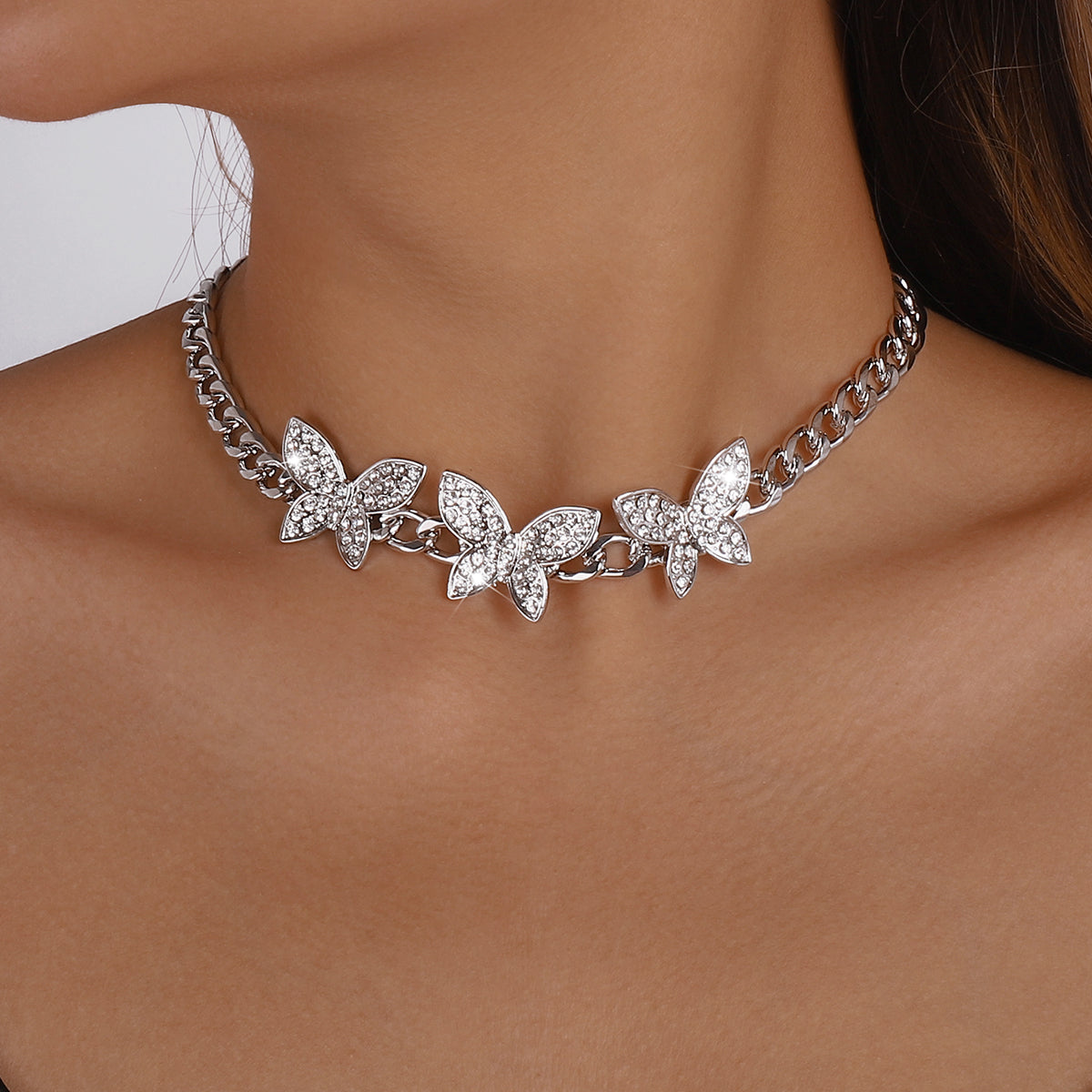 Cuban Link Chain Rhinestone Butterfly Necklace medyjewelry