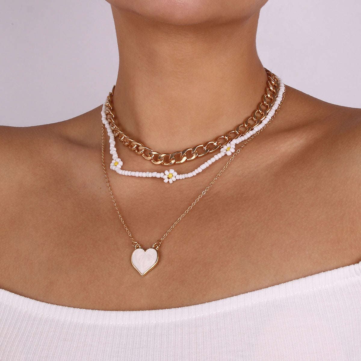 Boho Flower Beaded Chain Pink Heart Necklace medyjewelry