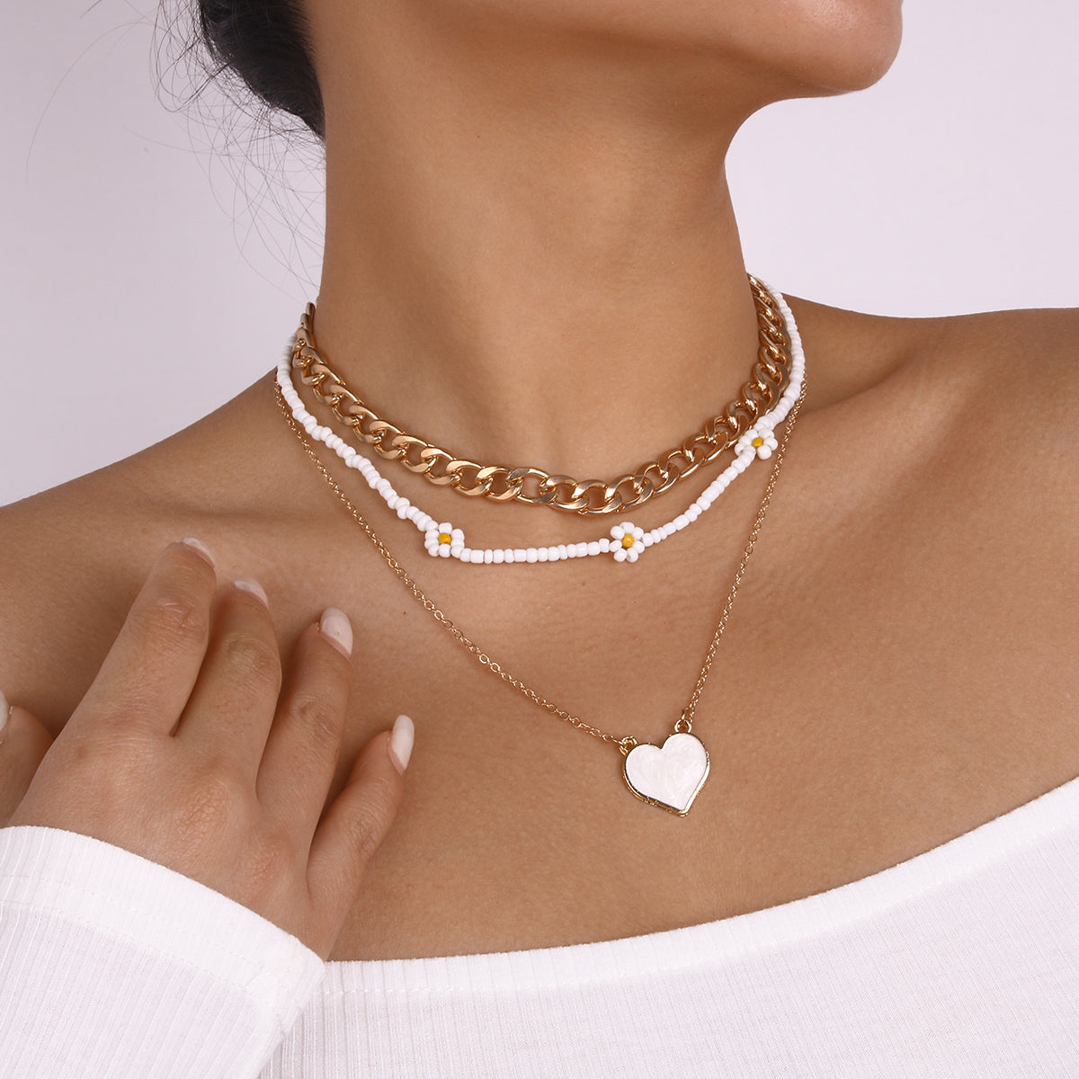Boho Flower Beaded Chain Pink Heart Necklace medyjewelry