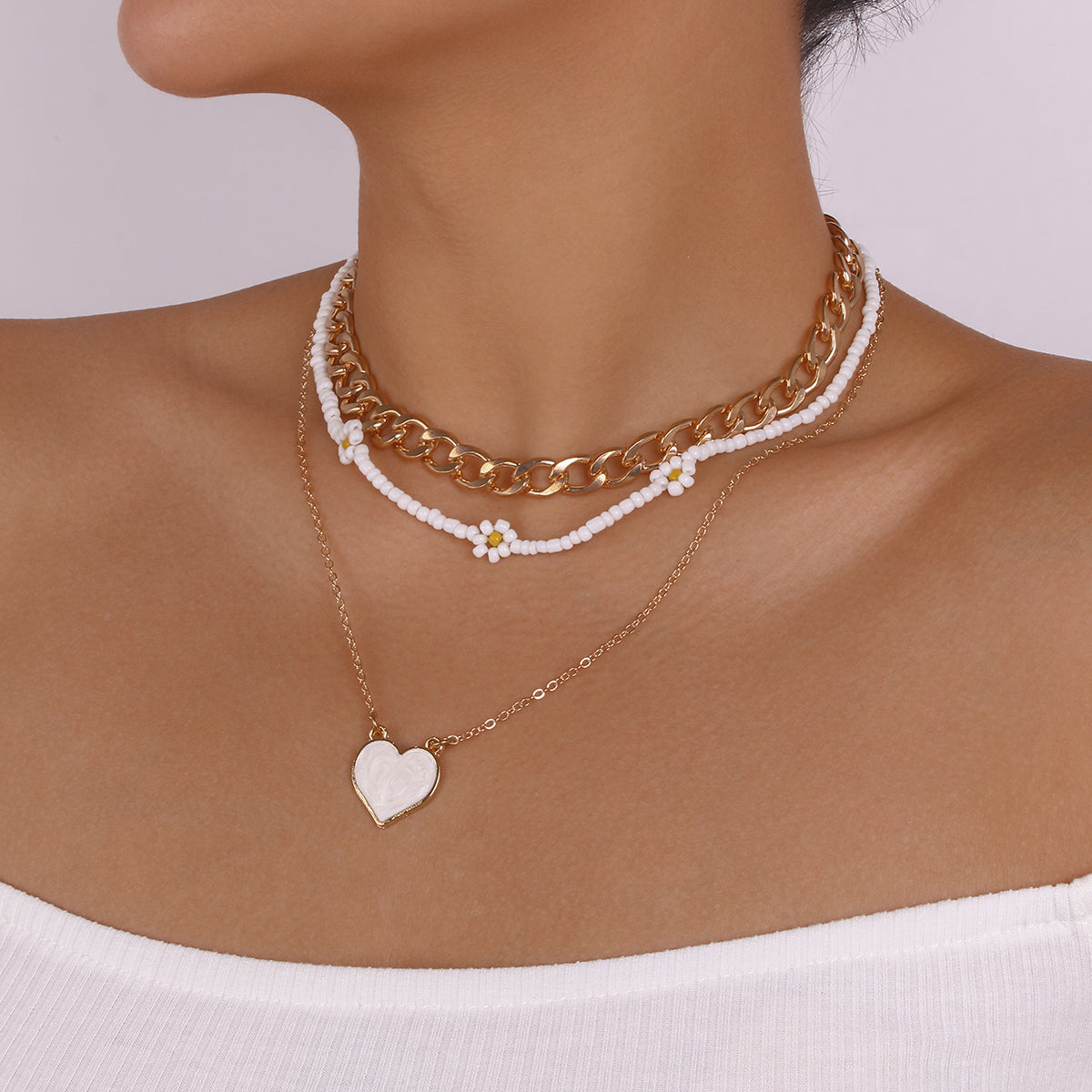 Boho Flower Beaded Chain Pink Heart Necklace medyjewelry