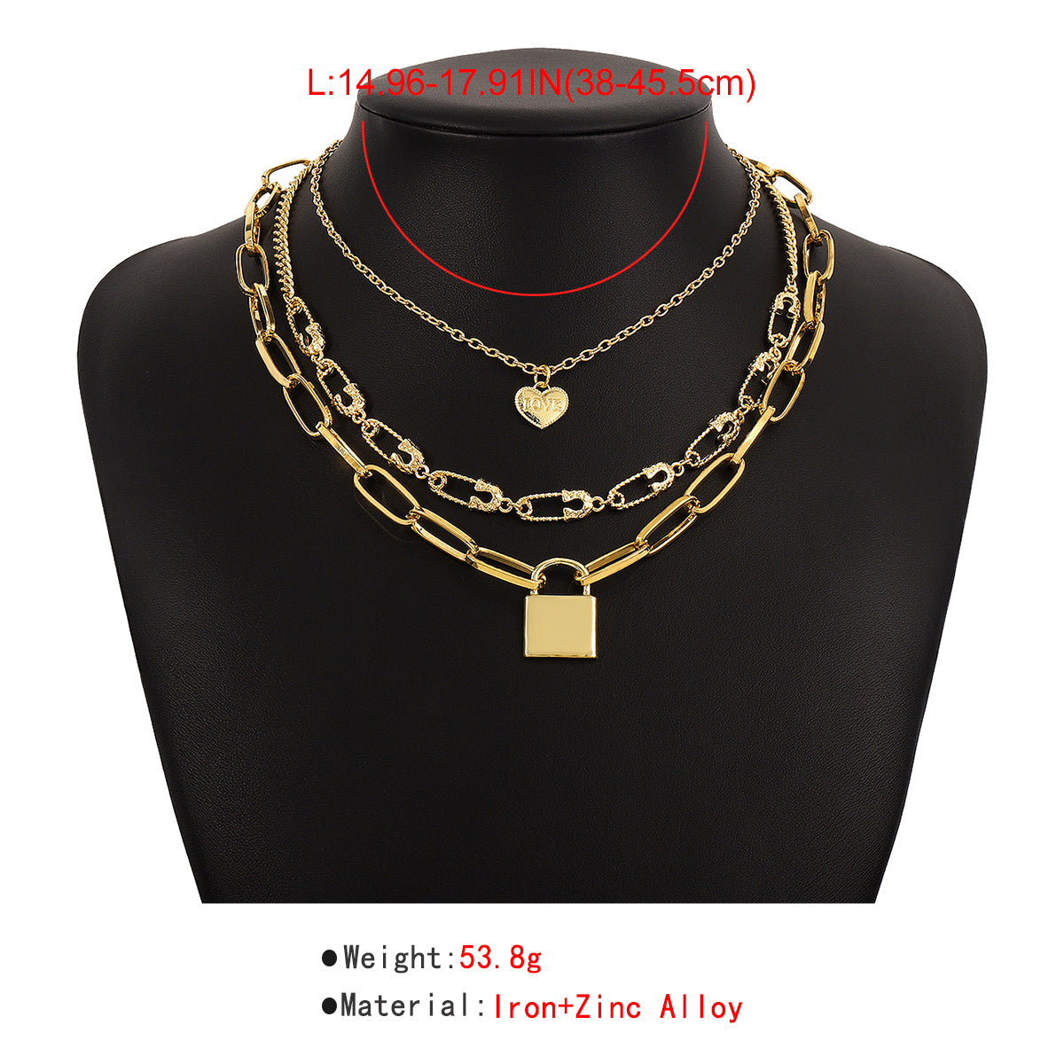 Safety Pin Chain W/Heart Padlock Pendant Necklace medyjewelry