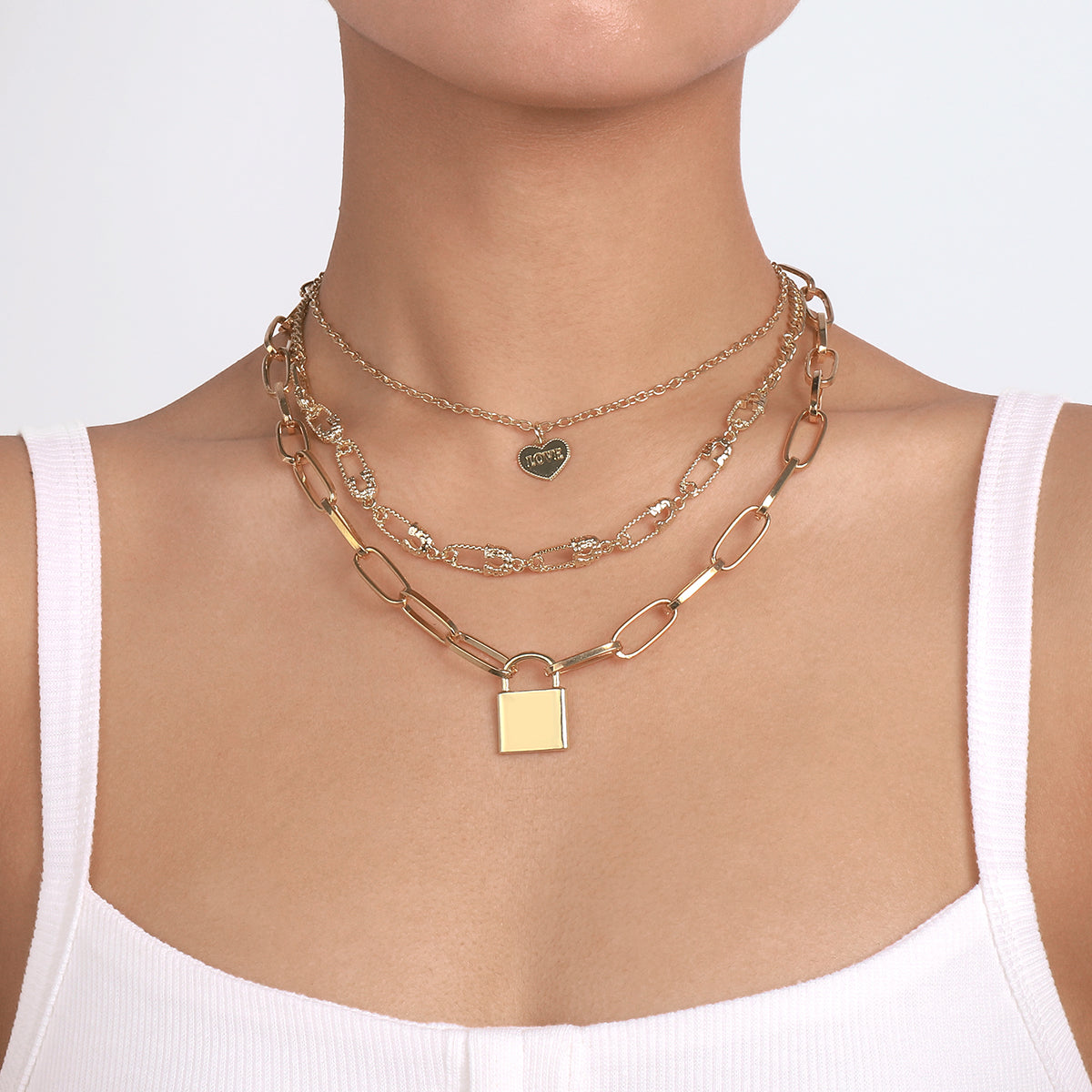 Safety Pin Chain W/Heart Padlock Pendant Necklace medyjewelry