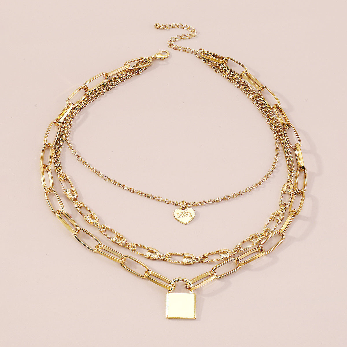 Safety Pin Chain W/Heart Padlock Pendant Necklace medyjewelry