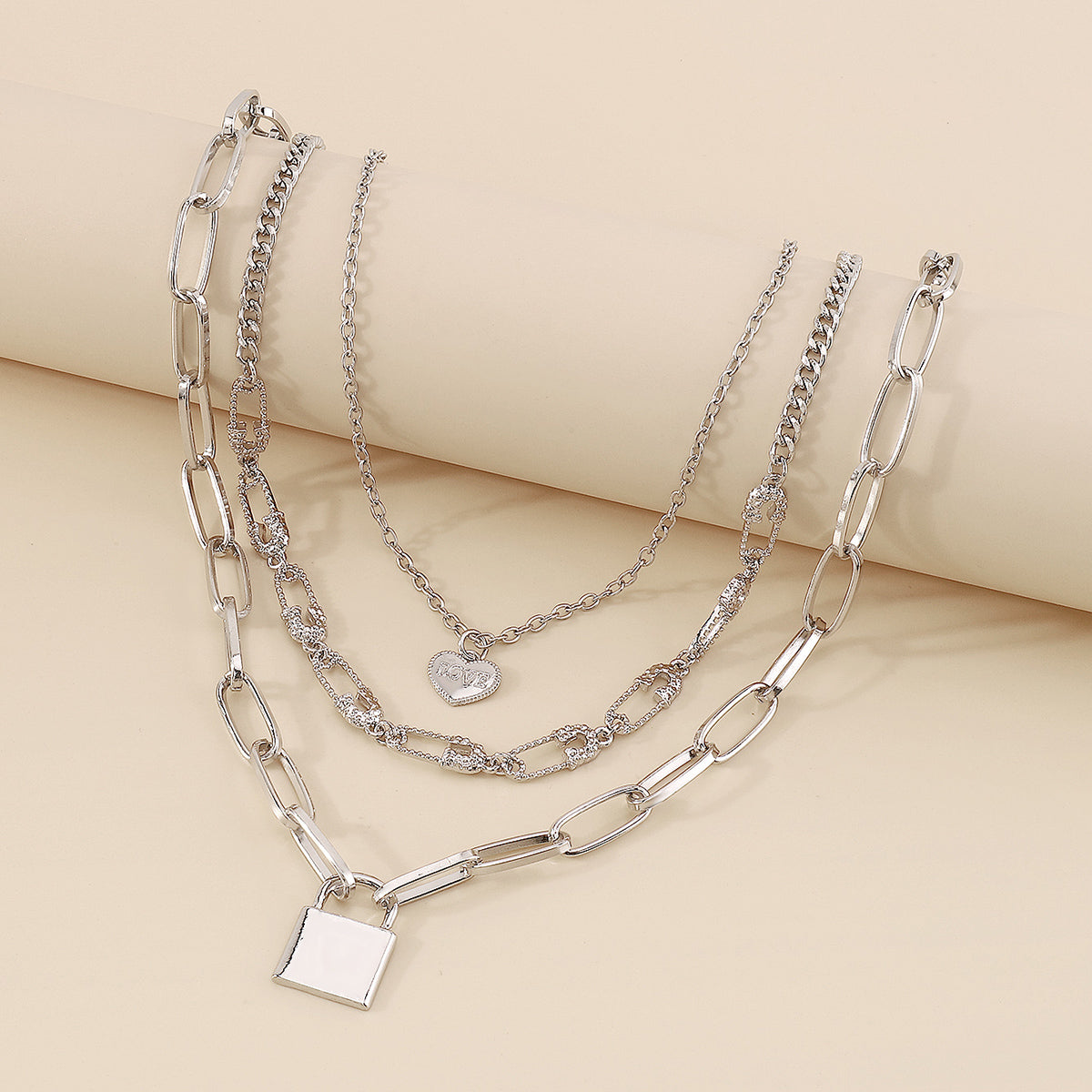 Safety Pin Chain W/Heart Padlock Pendant Necklace medyjewelry