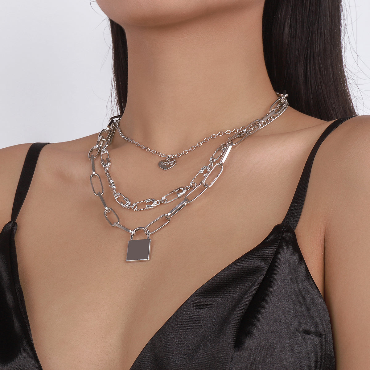 Safety Pin Chain W/Heart Padlock Pendant Necklace medyjewelry