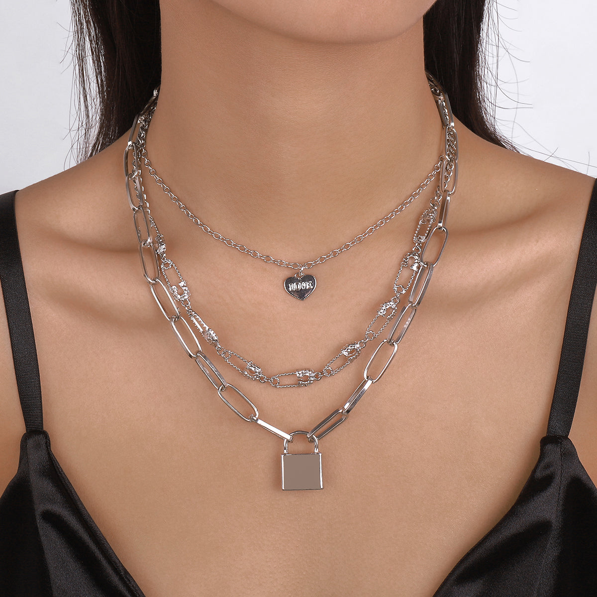 Safety Pin Chain W/Heart Padlock Pendant Necklace medyjewelry