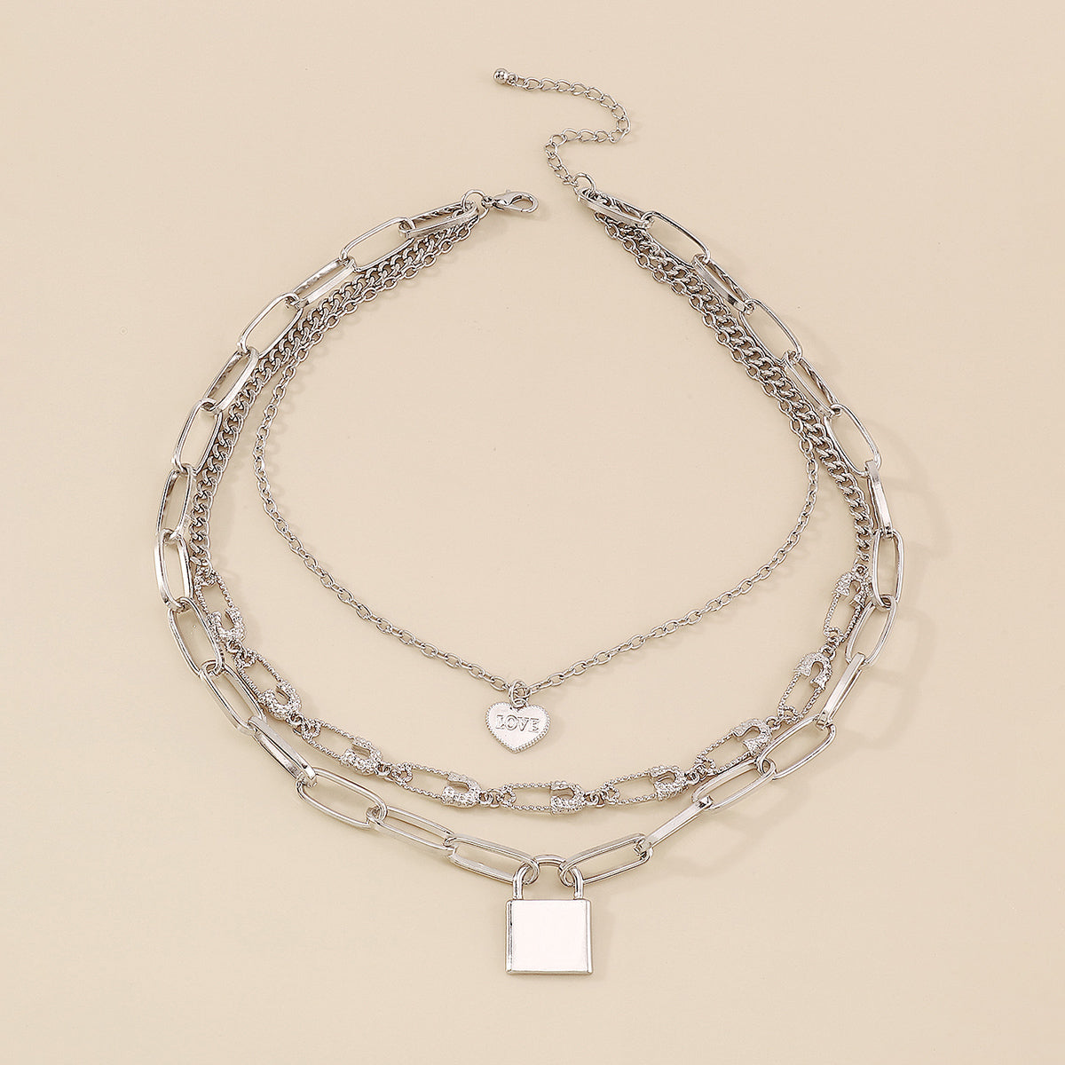 Safety Pin Chain W/Heart Padlock Pendant Necklace medyjewelry
