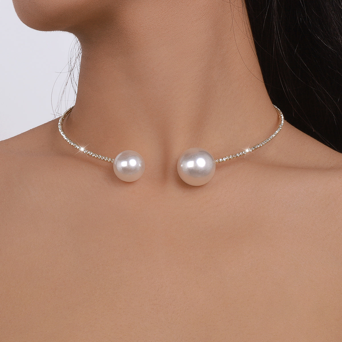 Elegant Big Pearls Open Claw Chain Collar Necklace medyjewelry