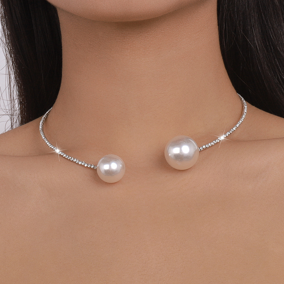 Elegant Big Pearls Open Claw Chain Collar Necklace medyjewelry