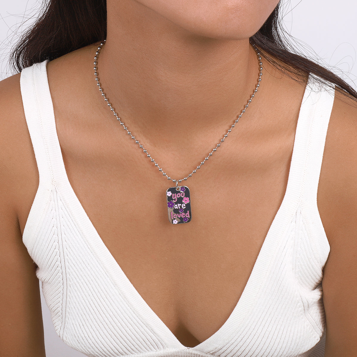 Square Enamel Floarl Pendant Necklace medyjewelry