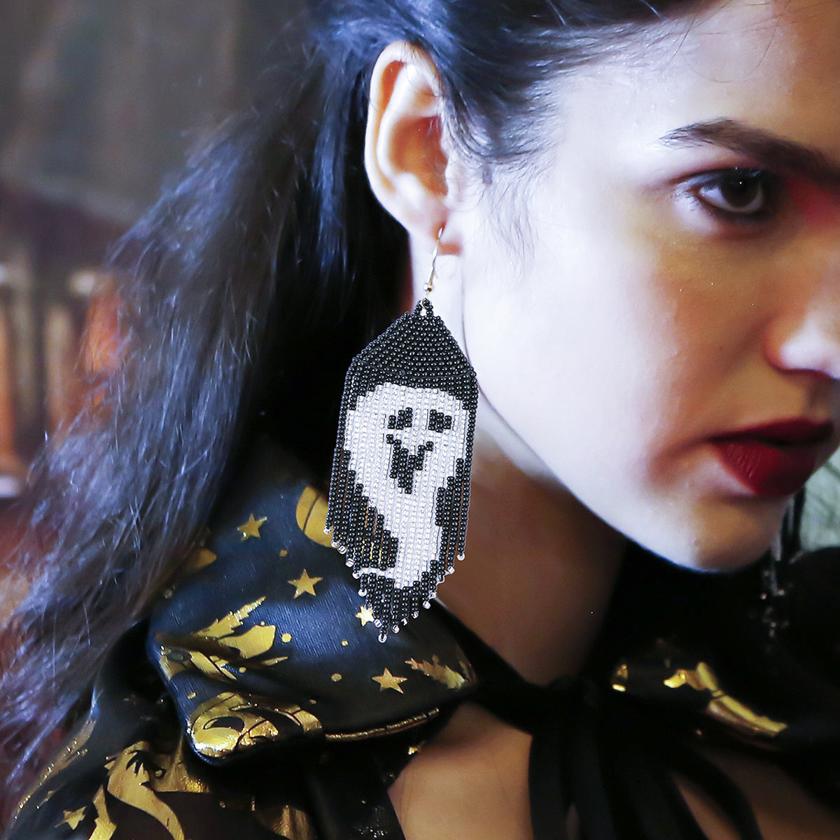 E11923 Halloween Ghosts Tassel Seed Beads Earrings