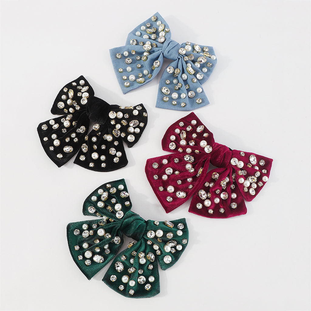 F2780 Rhinestone Pearls Velvet Bowknot  Hair Clips