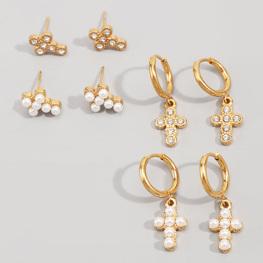 ZE0138 18K Gold Cross Crystal Pearl Dangle Earrings