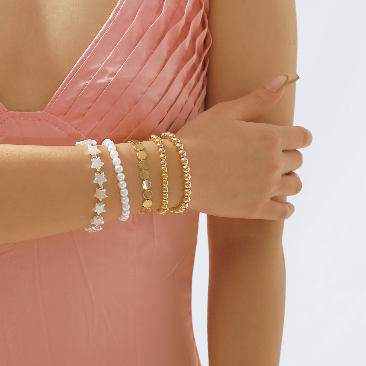 B2042H Heart Pearl Chain Beaded Bracelet Set