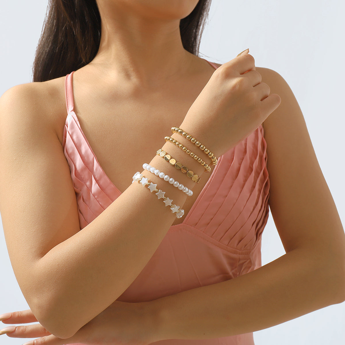 B2042H Heart Pearl Chain Beaded Bracelet Set