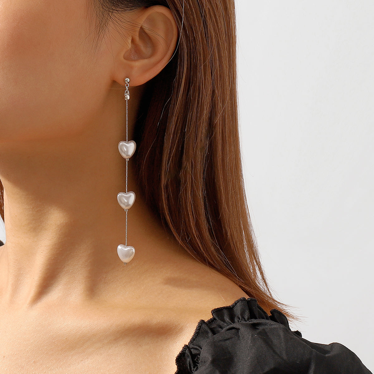 E11176 Pearls Heart Tassel Drop Dangle Earrings