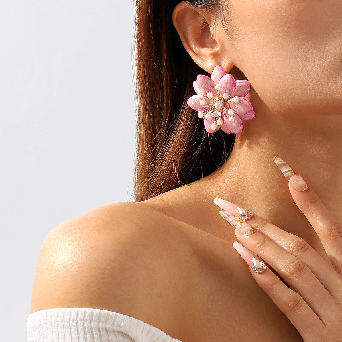 E11251 Sweet Pink Enamel Flower Pearl Drop Earrings