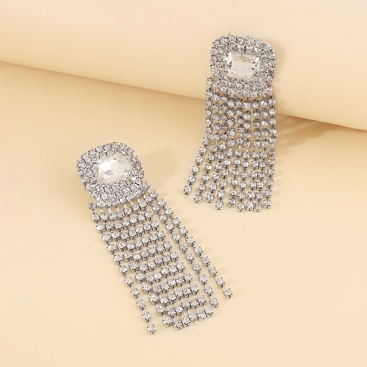 E11330 Square Crystal Tassel Drop Dangle Earrings