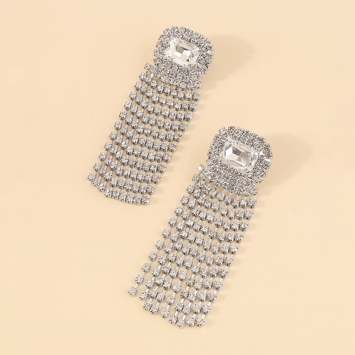 E11330 Square Crystal Tassel Drop Dangle Earrings