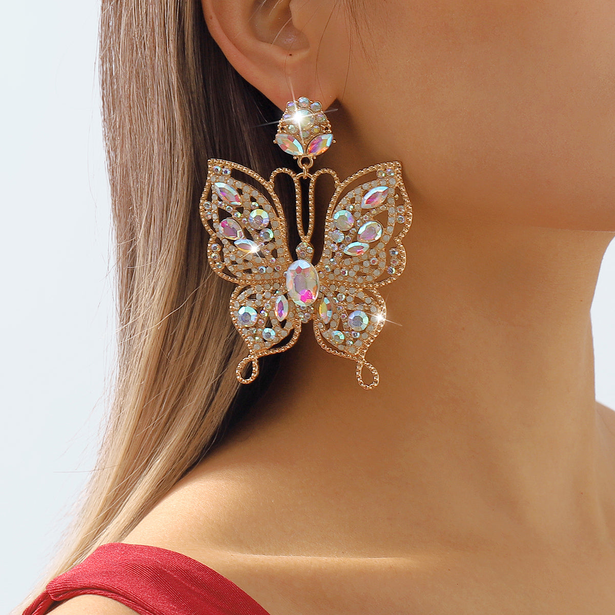 E11376 Sparkling Large Rhinestone Butterfly Drop Earrings