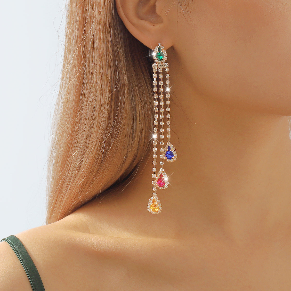 E11732 Long Tassel Colorful Rhinestone Drop Earrings