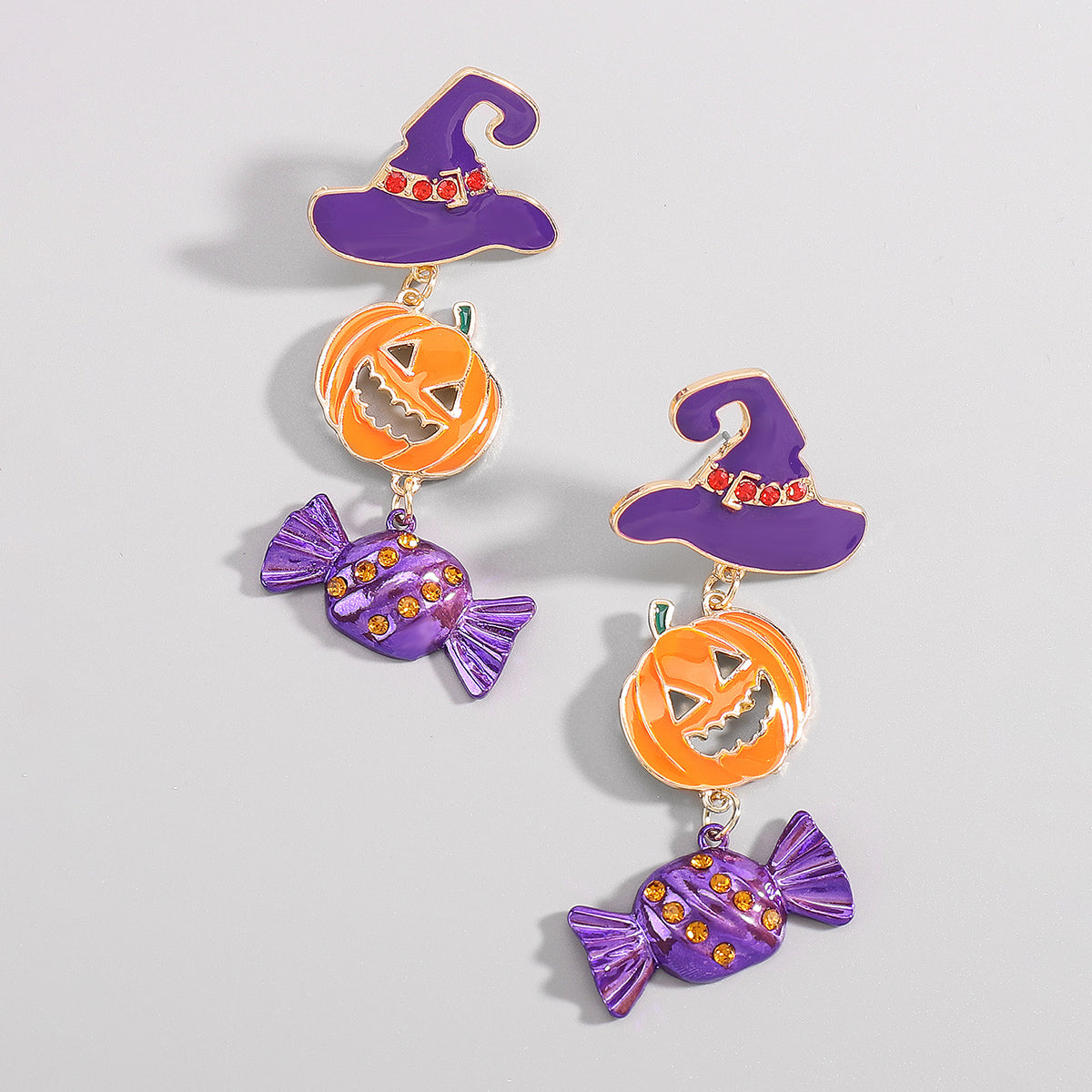 E11953 Halloween Hat Pumpkin Candy Dangle Earrings