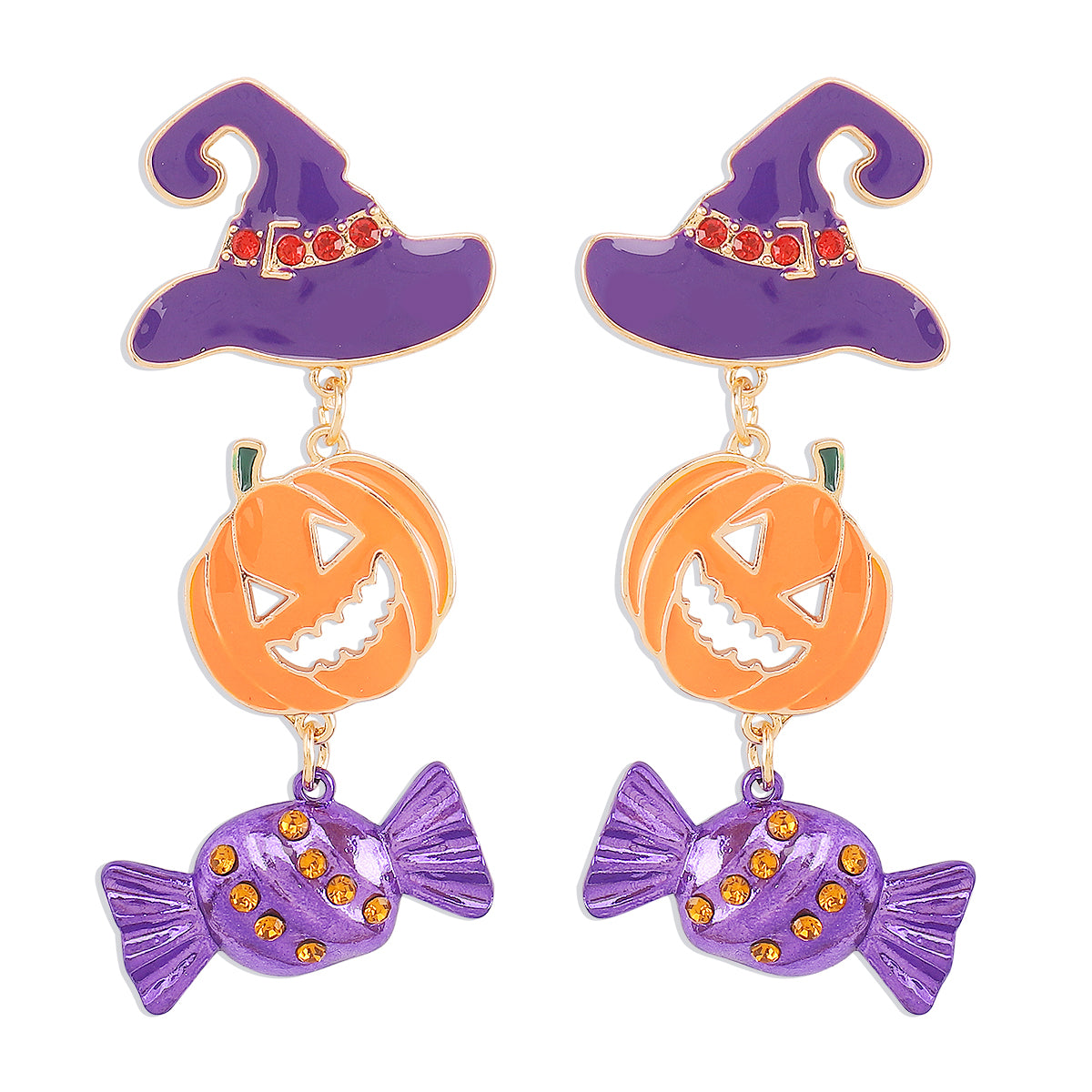 E11953 Halloween Hat Pumpkin Candy Dangle Earrings