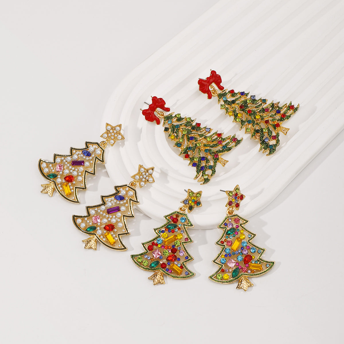 E12061 Colored Rhinestone Christmas Tree Dangle Earrings