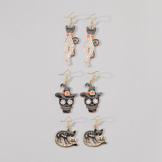 E12066 Halloween Hat Skull Pumpkin Cat Dangle Earrings