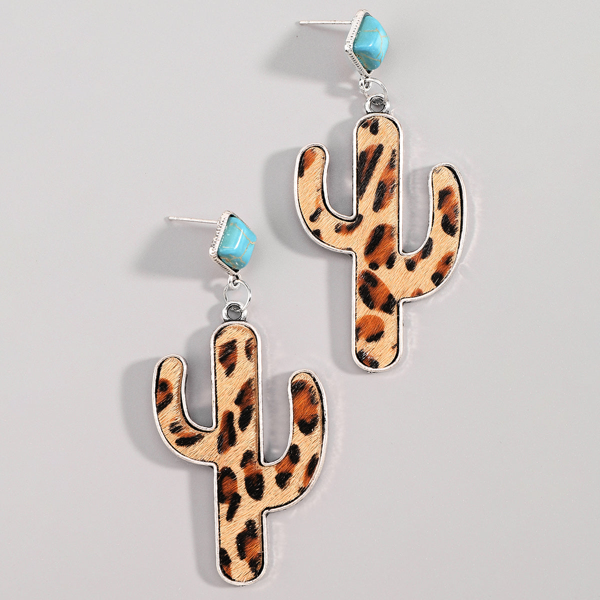 E12095 Leopard Print Turquoise Cactus Dangle Earrings