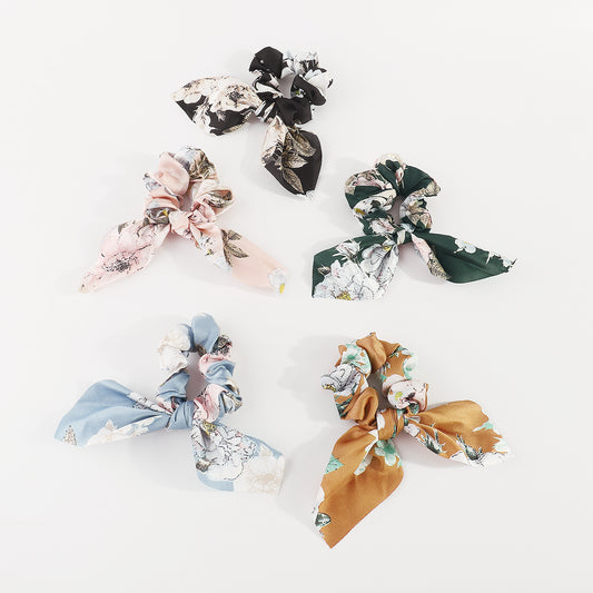 F5961 5 Pcs Floral Bow Ruched Hair Ties Set