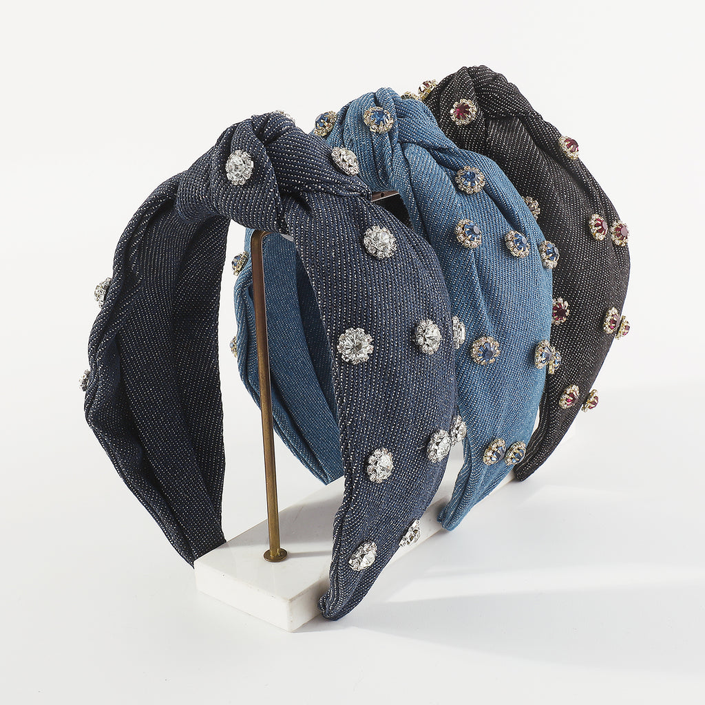 F6119 Wide Denim Crystal Embellished Knotted Headbands