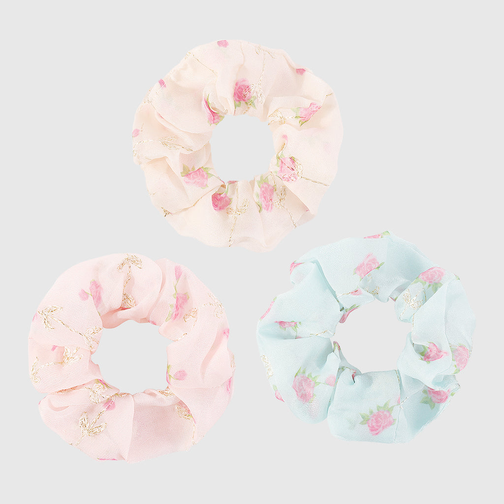 F6151 3 pcs Flower Scrunchies Elastic Hair Ties Set