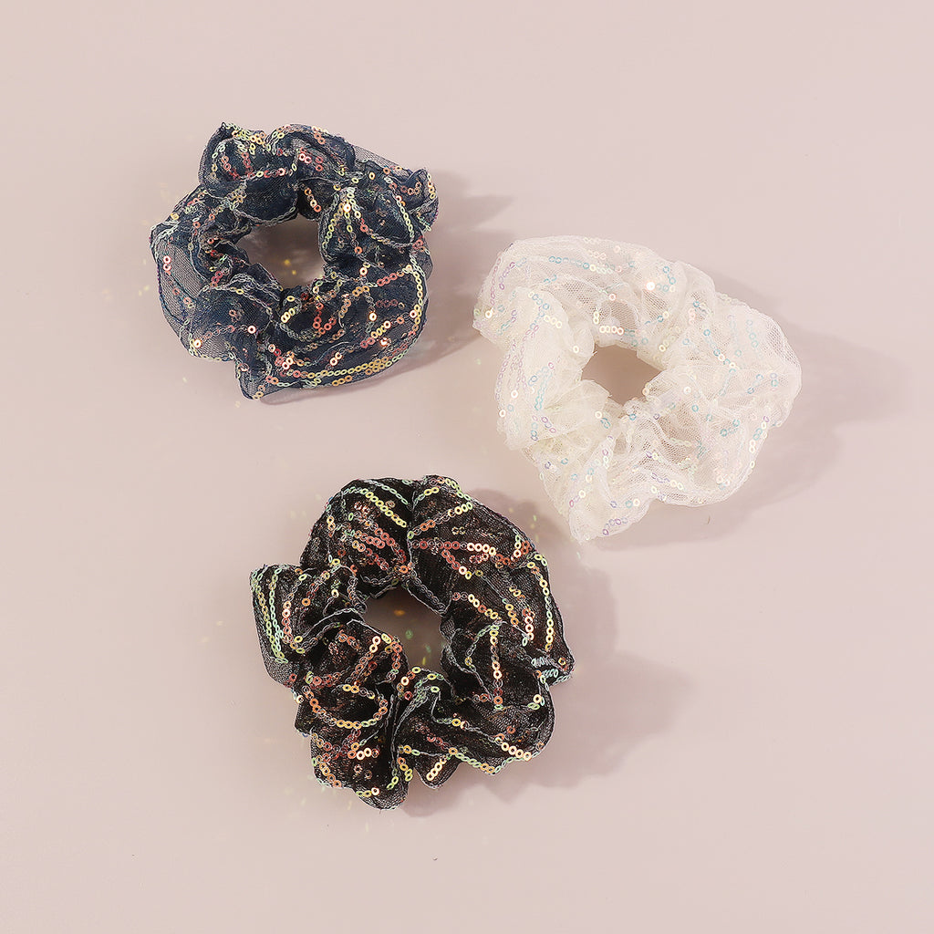 F6161 3 pcs Mesh Sequin Scrunchies Elastic Hair Ties Set