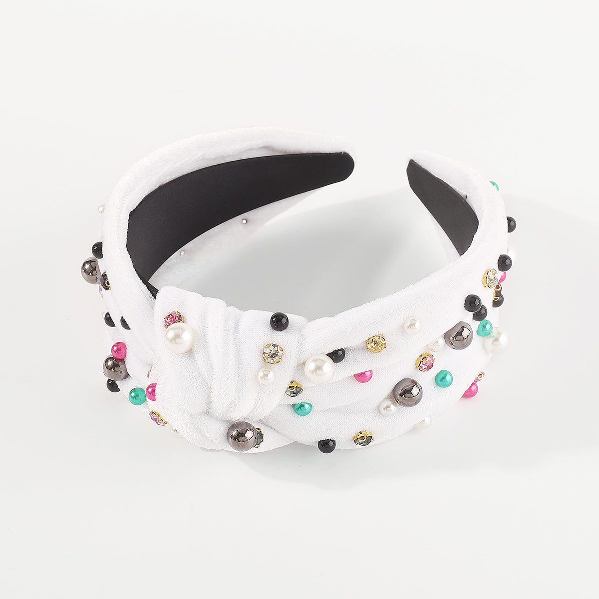 F6354 Velvet Rhinestone Pearl Beads Top Knot Headbands