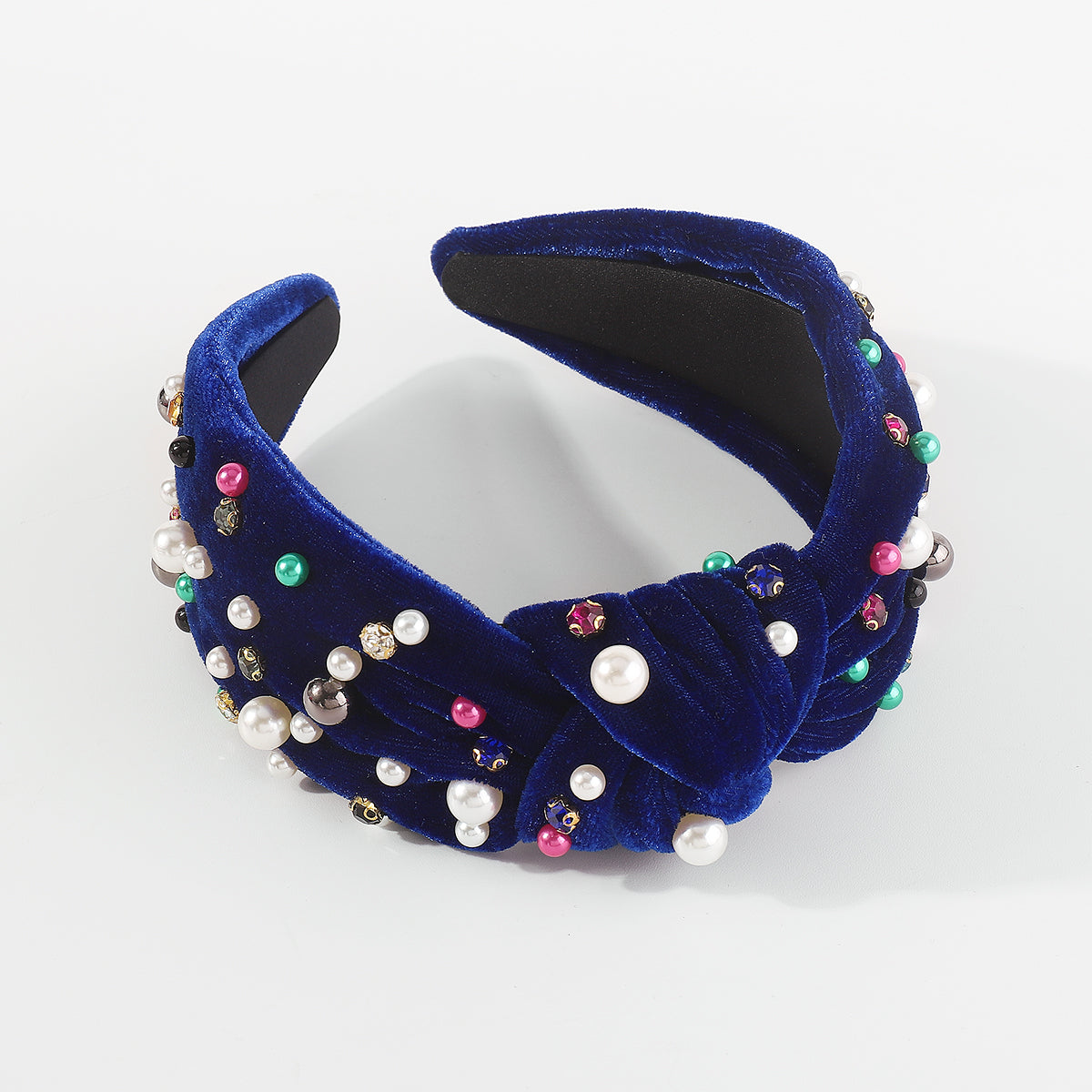 F6354 Velvet Rhinestone Pearl Beads Top Knot Headbands