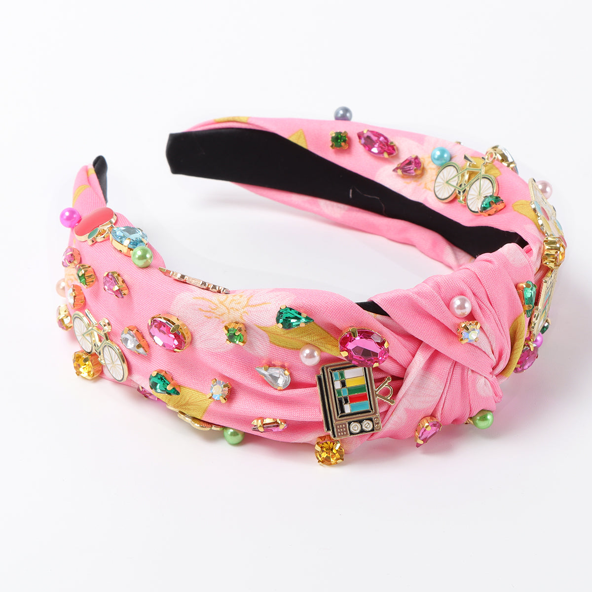 F6589 Colorful Printed Crystal Pearl Knotted Headband