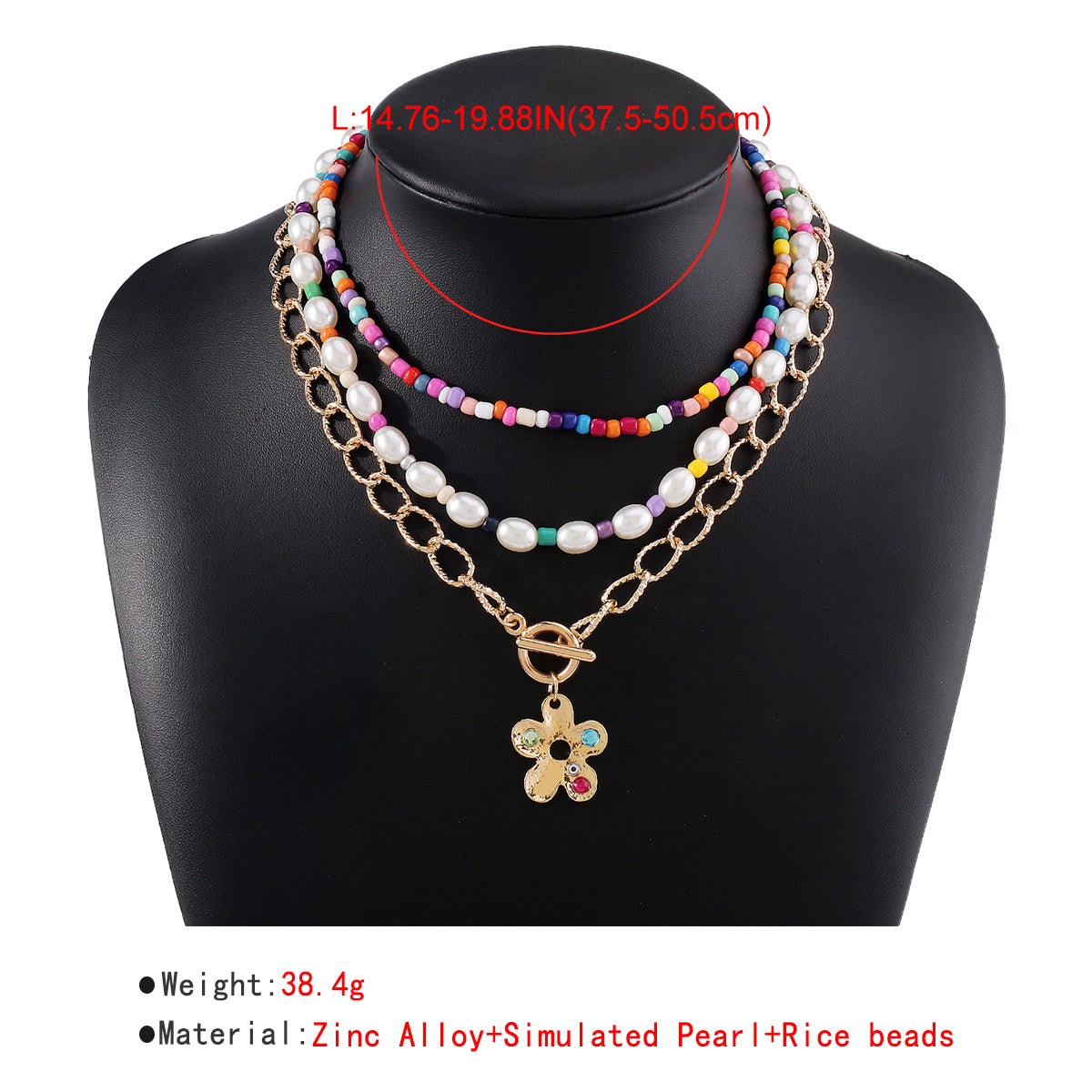N10817 Layered Beads Pearl Flower Pendant Necklace