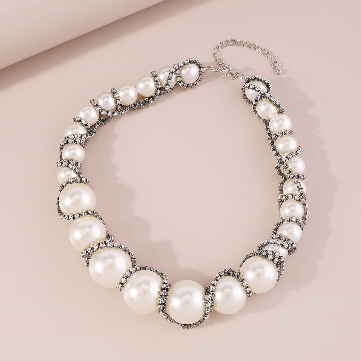 N11131 Extra Large Faux Pearl Rhinestone Chain Necklace