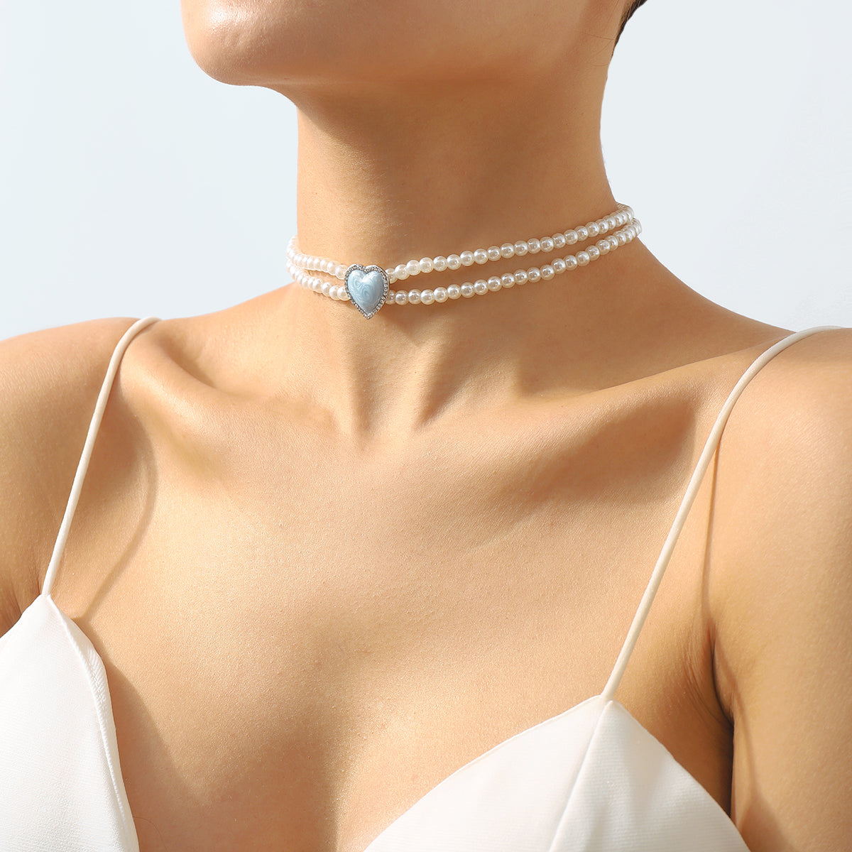 N11138 Layered Pearls Chain Enamel Heart Choker Necklace