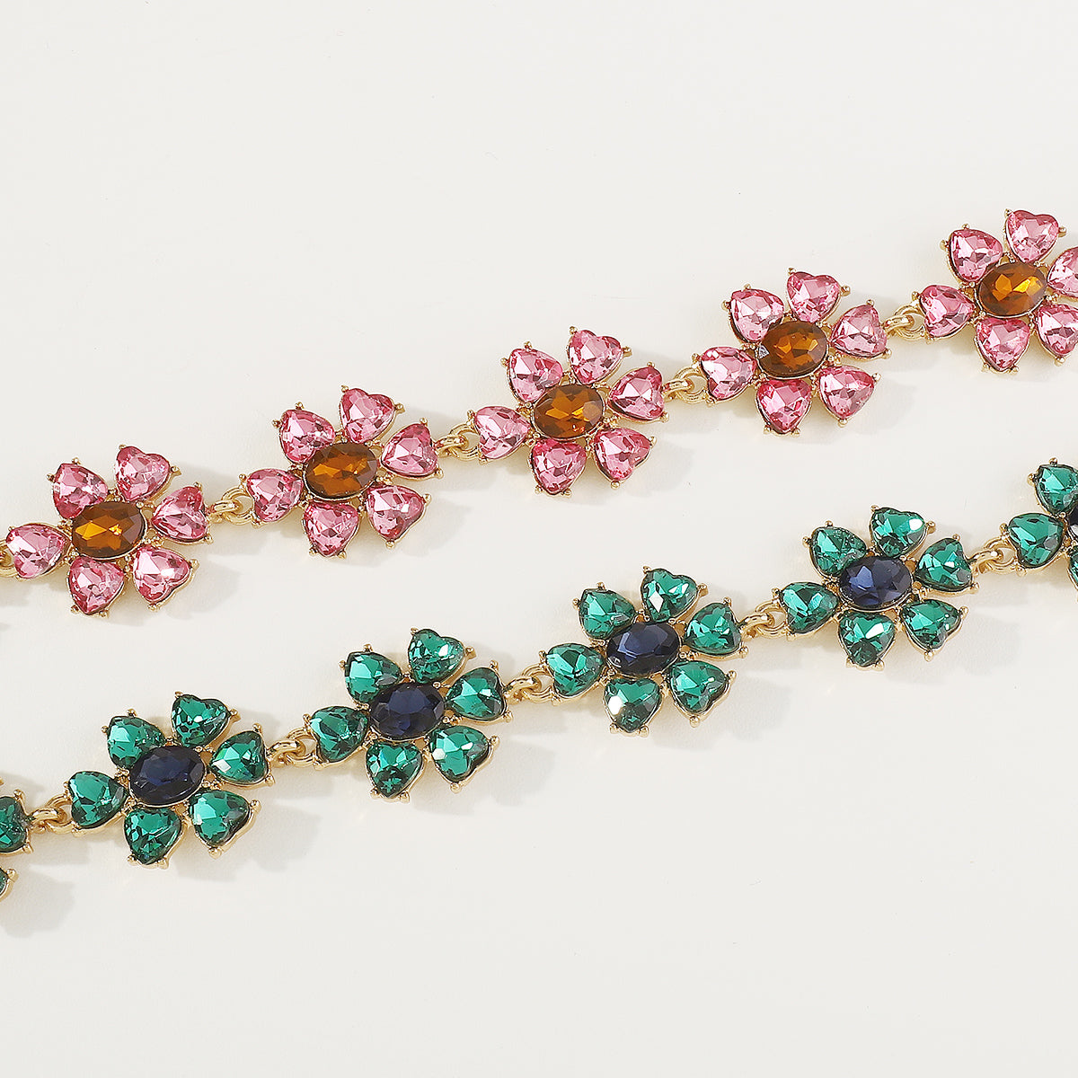 N11214 Pink & Green Rhinestone Flower Choker Necklace