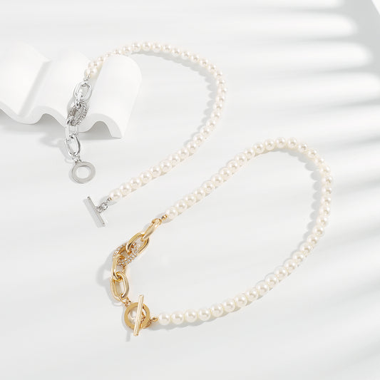 N11513 Charm Rhinestone Pearls T Clasp Chain Necklace